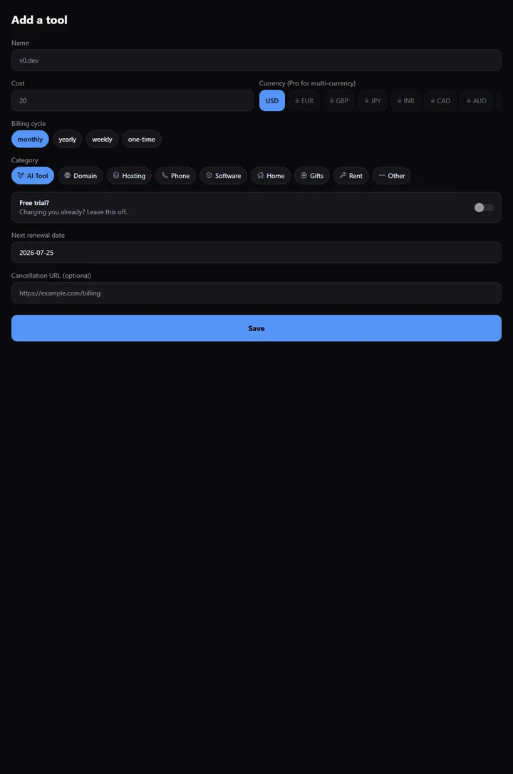 Adding a new subscription in tracknfo