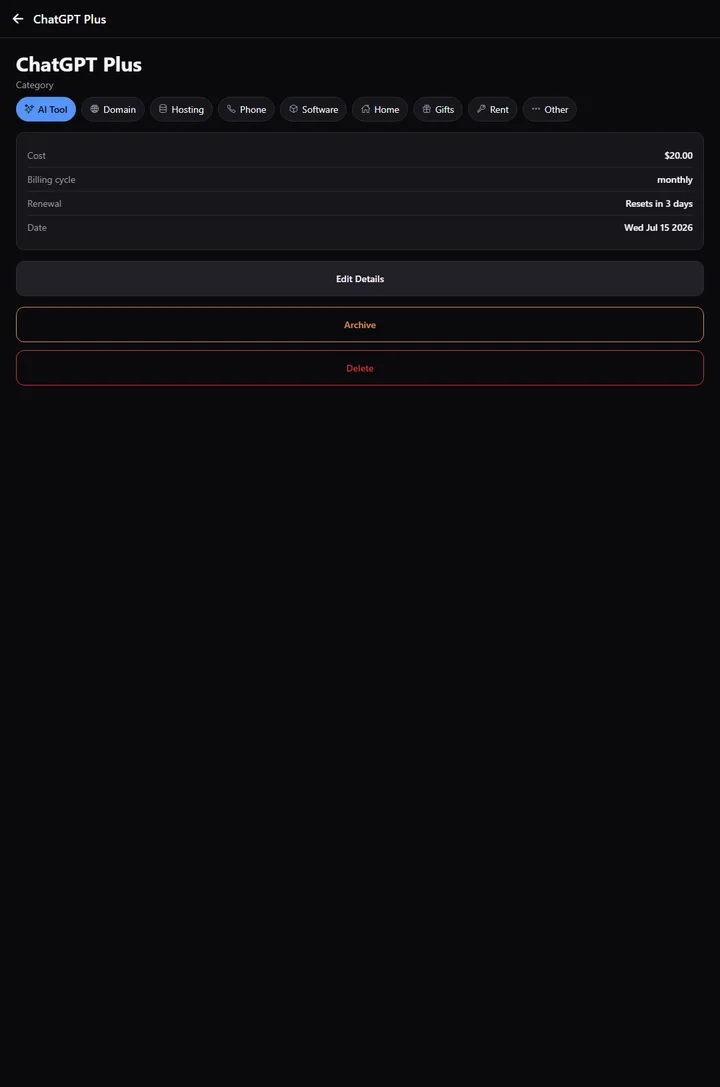 Subscription detail screen in tracknfo
