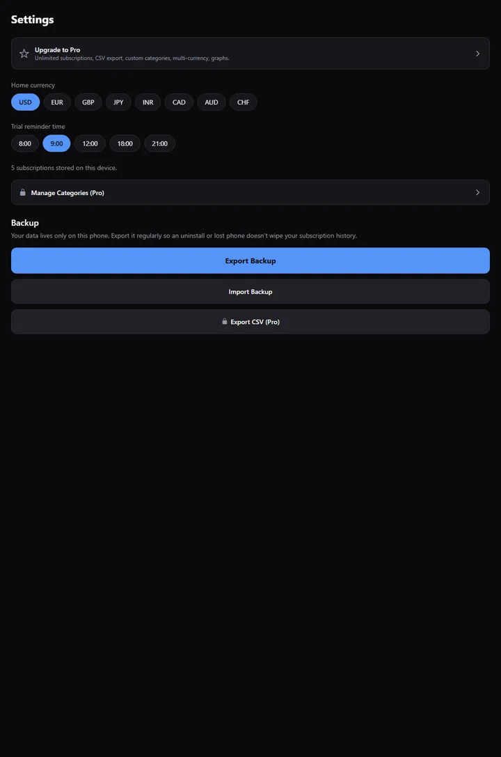 tracknfo settings and backup screen