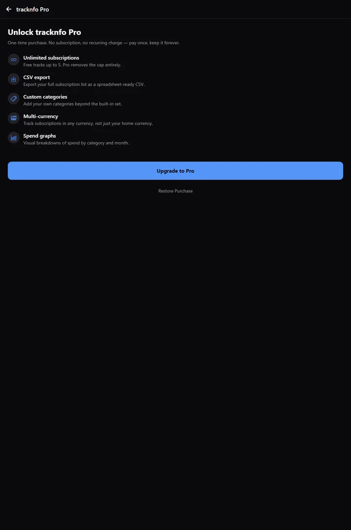 tracknfo Pro feature unlock screen